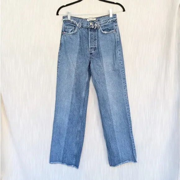 Reformation Natoma Blue Denim Distressed High-rise Straight Leg Jeans, size 25 - Picture 2 of 8